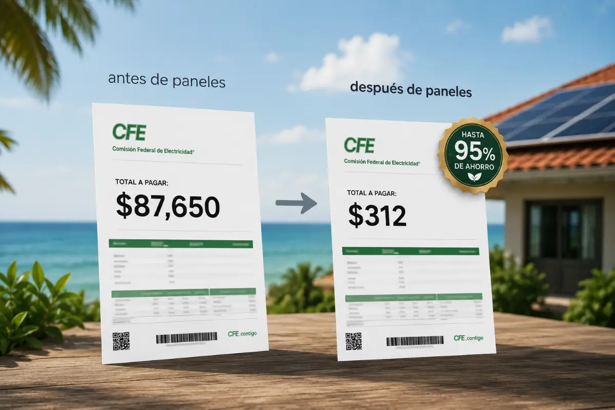 Recibo CFE antes y después de instalar paneles solares — hasta 95% de ahorro