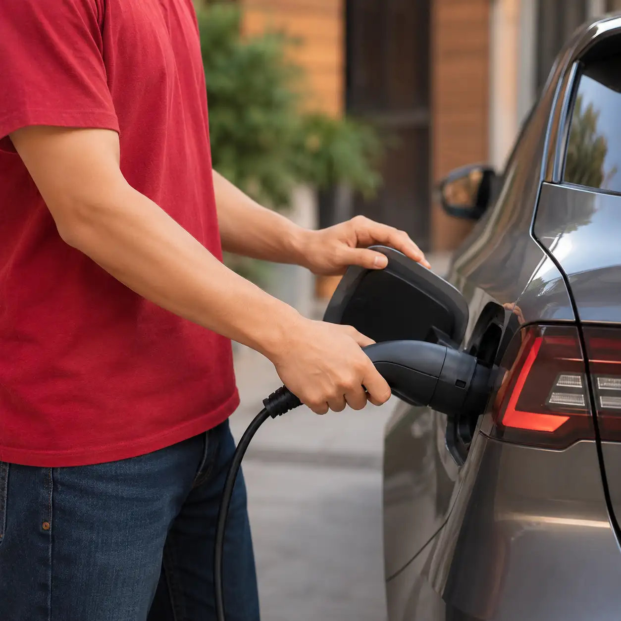 Persona conectando cargador a auto eléctrico