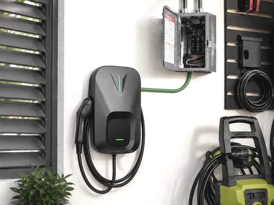 Cargador a 220V instalado junto a tablero eléctrico en garage