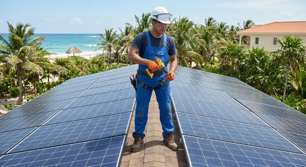 Técnico instalando paneles solares en techo residencial
