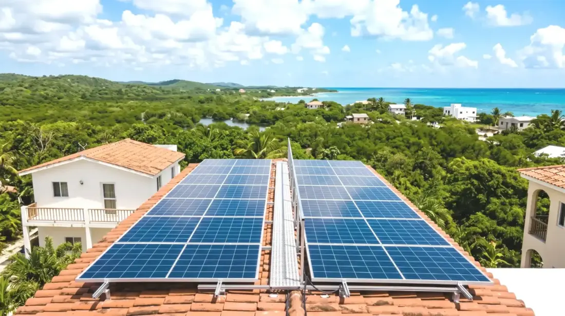 Paneles solares instalados en techo residencial con vista al mar Caribe